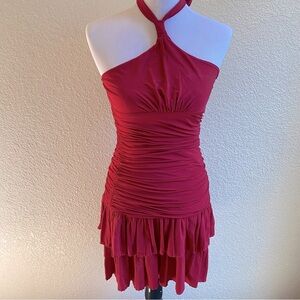 BCBGMaxAzria Halter Neck Tiered Mini Dress Cocktail Party Hot Red Ruched: Med